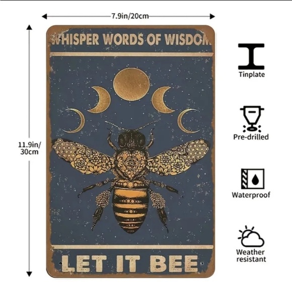 NWT Let It Bee Metal Tin Vintage Inspired 7.9” x 11.9” Weatherproof Decor Sign - Picture 2 of 6